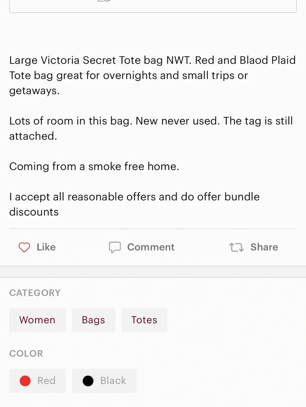 Victoria’s Secret WT Plaid Tote Bag with Monogram Accent - Red & Black